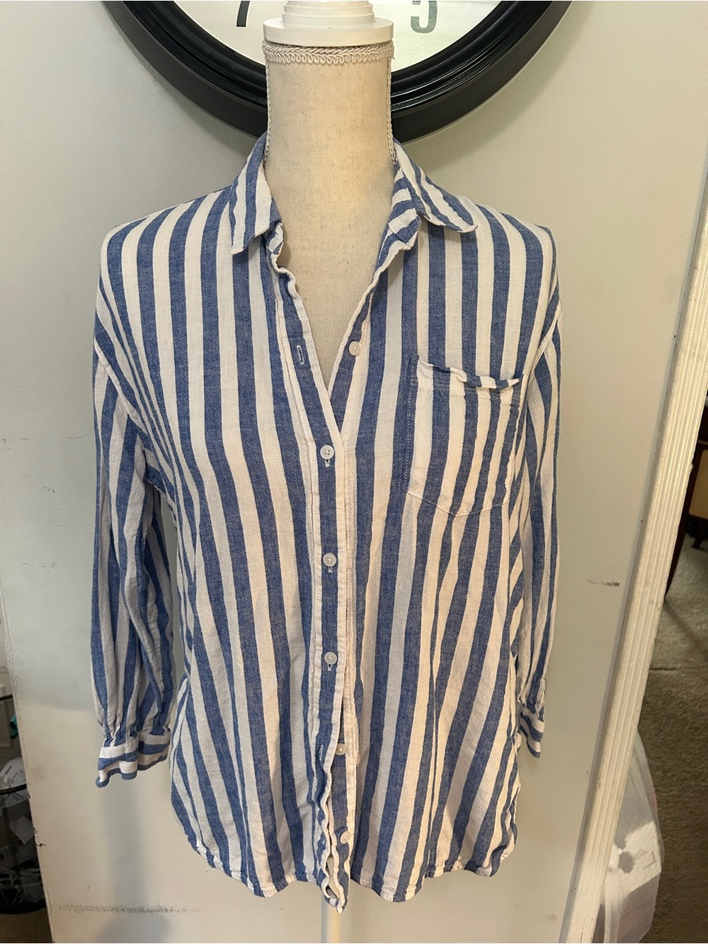 Blue and White Relaxed Striped Button-Up Shirt